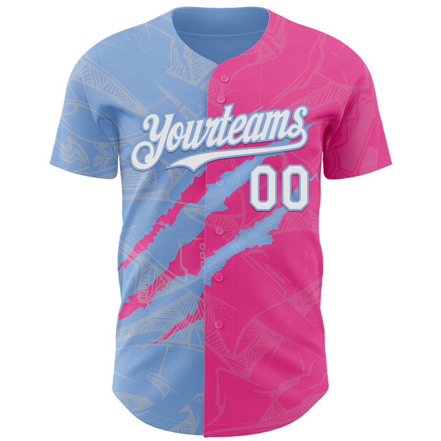 Custom Graffiti Pattern White Pink-Light Blue 3D Scratch Authentic Baseball Jersey