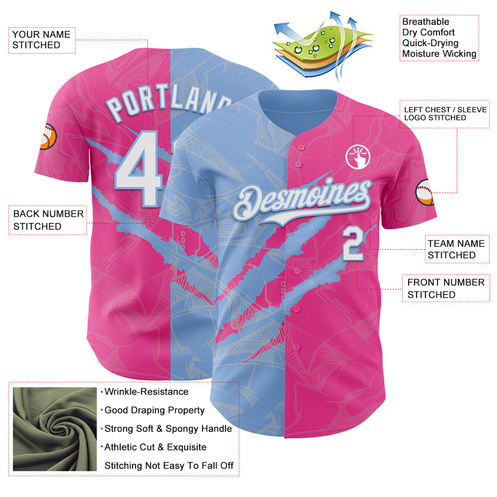 Custom Graffiti Pattern White Pink-Light Blue 3D Scratch Authentic Baseball Jersey