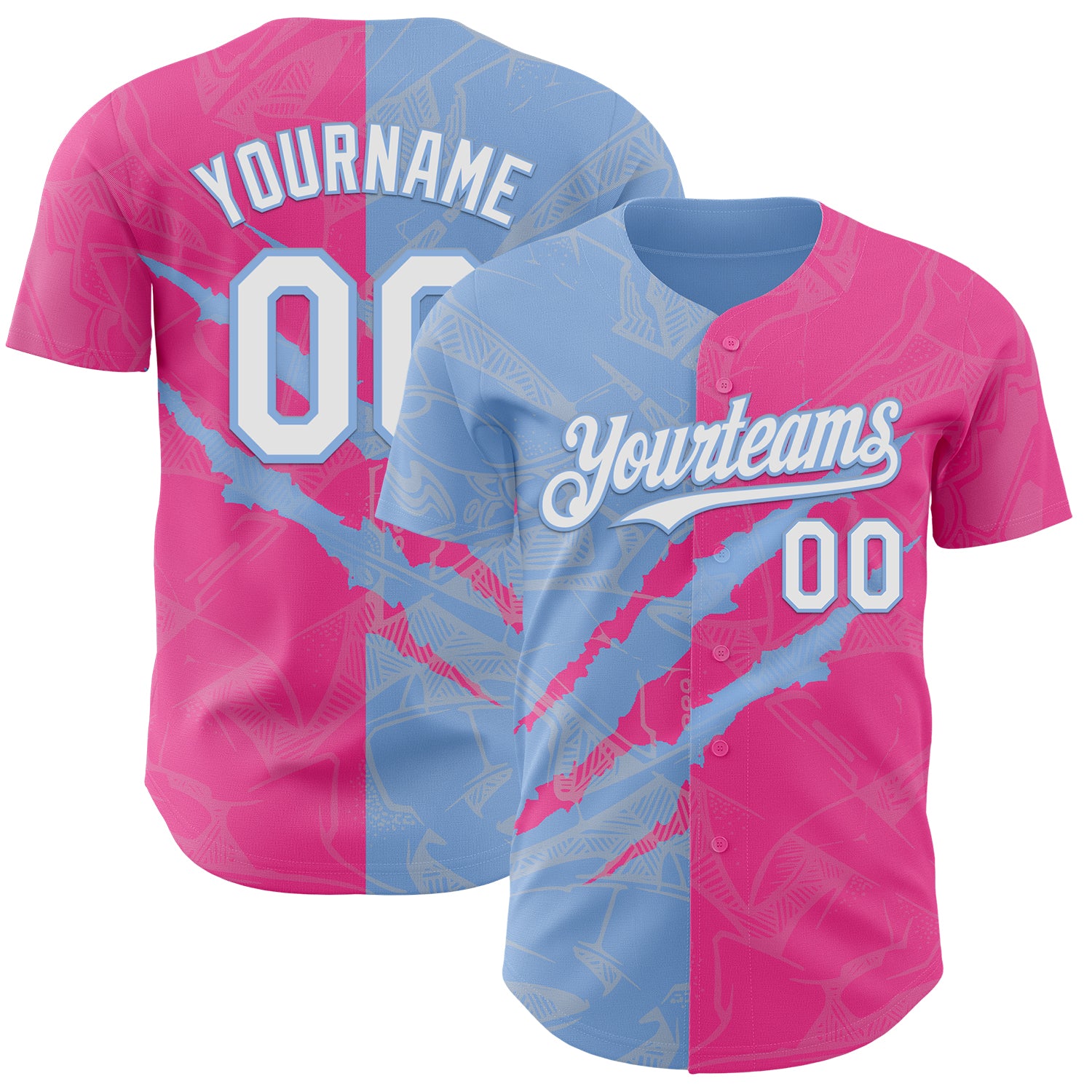 Custom Graffiti Pattern White Pink-Light Blue 3D Scratch Authentic Baseball Jersey