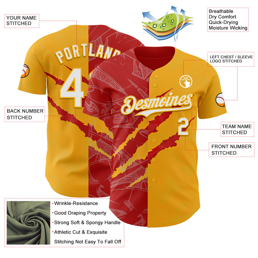 Custom Graffiti Pattern White Gold-Red 3D Scratch Authentic Baseball Jersey