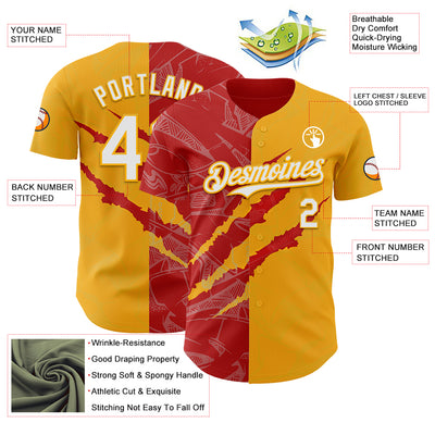 Custom Graffiti Pattern White Gold-Red 3D Scratch Authentic Baseball Jersey