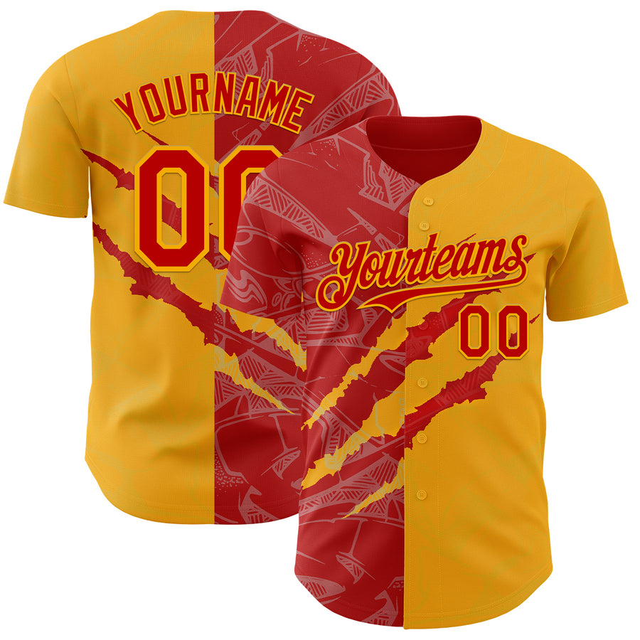 Custom Graffiti Pattern Red-Gold 3D Scratch Authentic Baseball Jersey