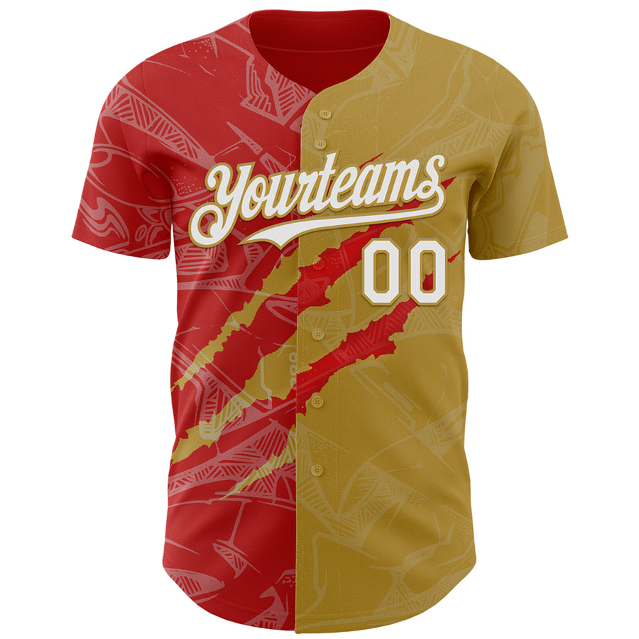 Custom Graffiti Pattern White Old Gold-Red 3D Scratch Authentic Baseball Jersey