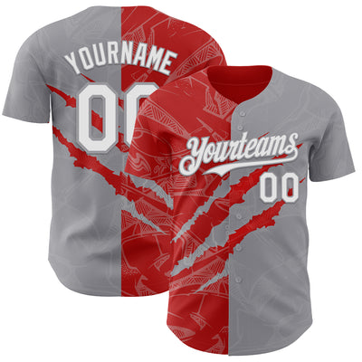Custom Graffiti Pattern White Gray-Red 3D Scratch Authentic Baseball Jersey