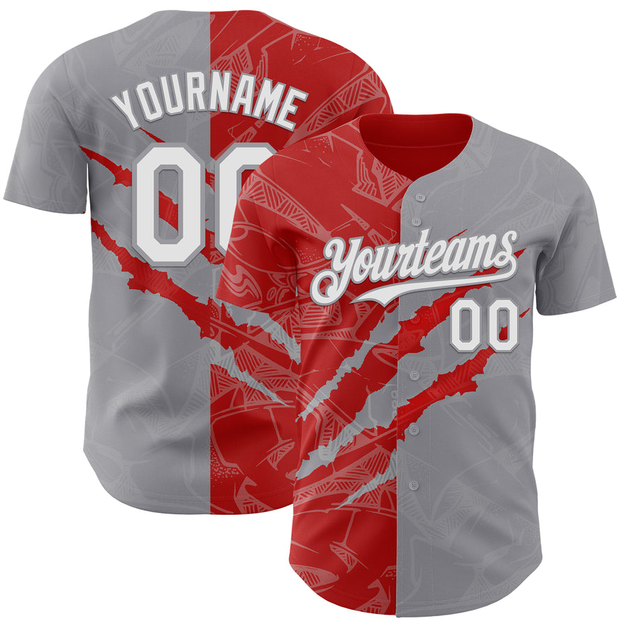 Custom Graffiti Pattern White Gray-Red 3D Scratch Authentic Baseball Jersey