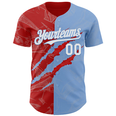 Custom Graffiti Pattern White Light Blue-Red 3D Scratch Authentic Baseball Jersey