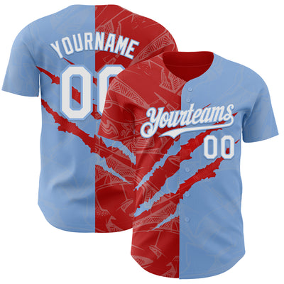 Custom Graffiti Pattern White Light Blue-Red 3D Scratch Authentic Baseball Jersey