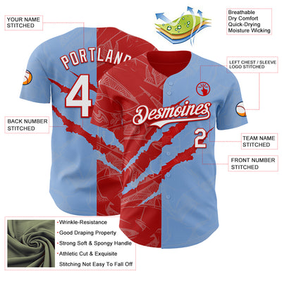 Custom Graffiti Pattern White Light Blue-Red 3D Scratch Authentic Baseball Jersey