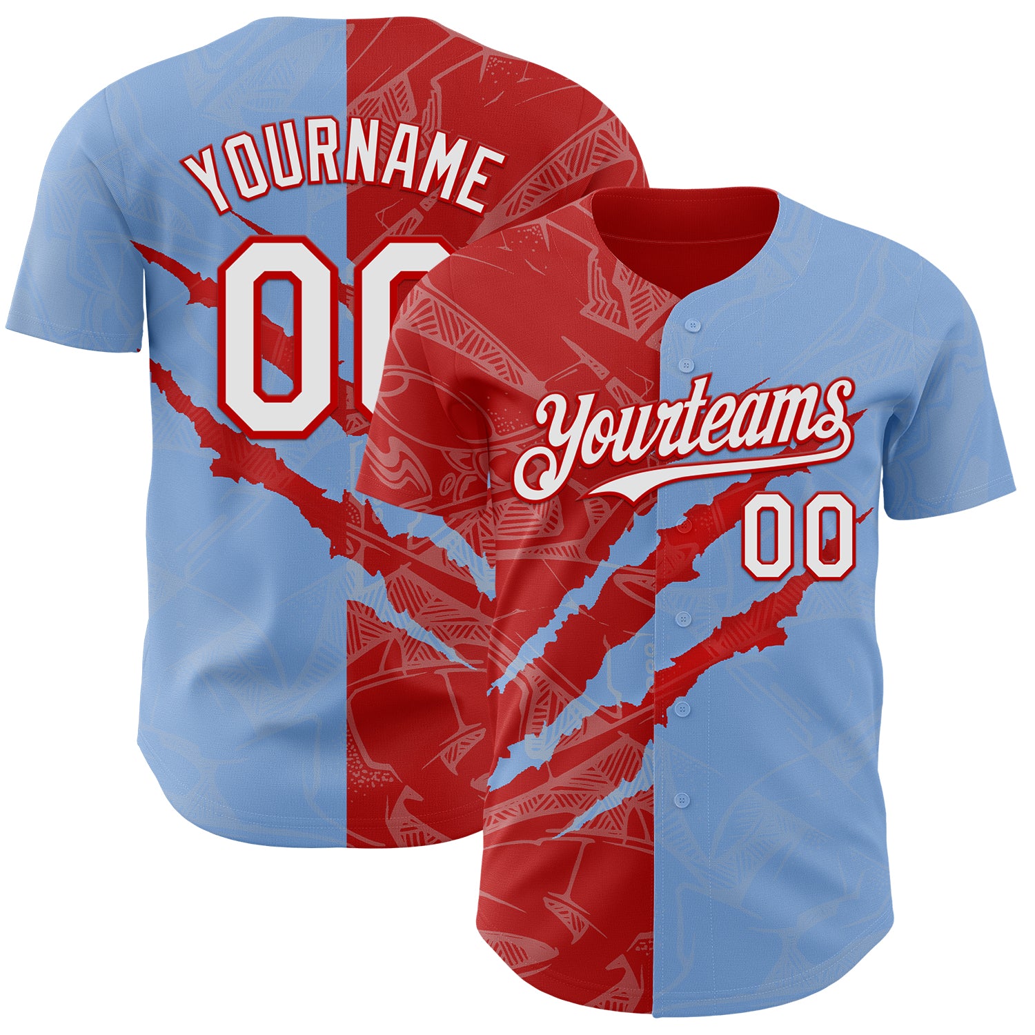 Custom Graffiti Pattern White Light Blue-Red 3D Scratch Authentic Baseball Jersey
