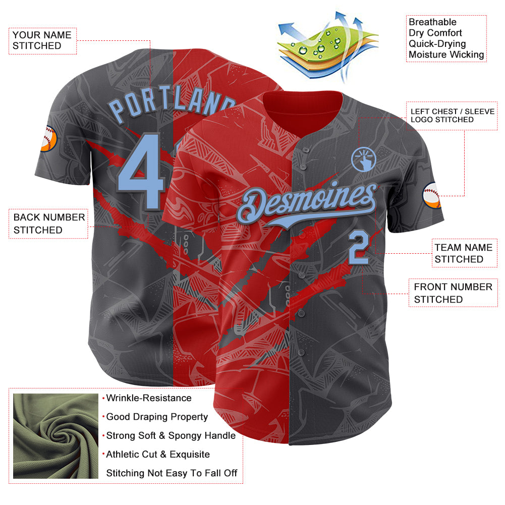 Custom Graffiti Pattern Light Blue Steel Gray-Red 3D Scratch Authentic Baseball Jersey