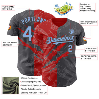 Custom Graffiti Pattern Light Blue Steel Gray-Red 3D Scratch Authentic Baseball Jersey