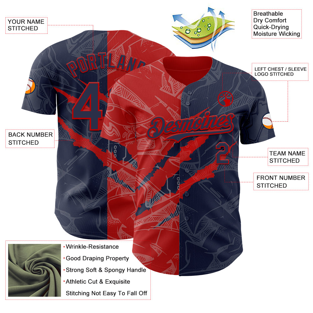 Custom Graffiti Pattern Navy-Red 3D Scratch Authentic Baseball Jersey