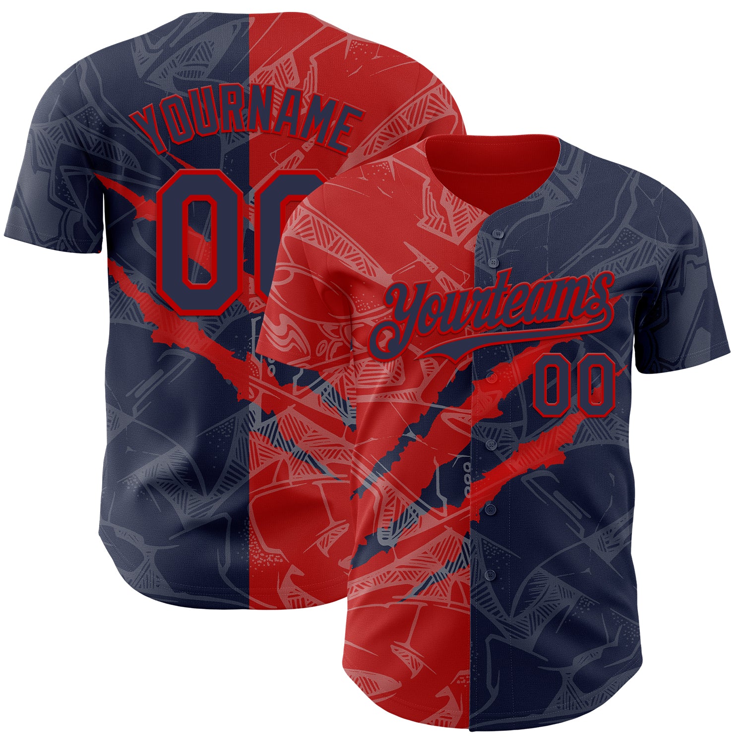 Custom Graffiti Pattern Navy-Red 3D Scratch Authentic Baseball Jersey