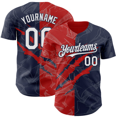 Custom Graffiti Pattern White Navy-Red 3D Scratch Authentic Baseball Jersey