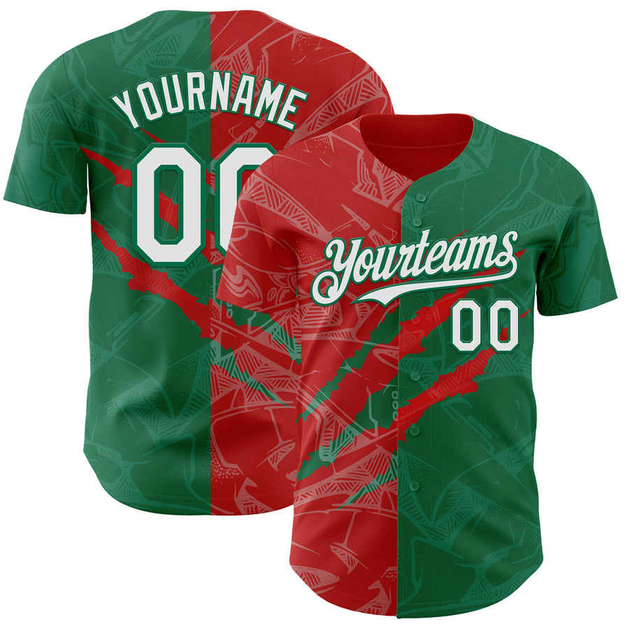 Custom Graffiti Pattern White Kelly Green-Red 3D Scratch Authentic Baseball Jersey