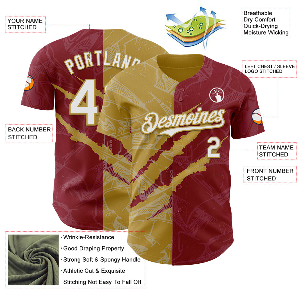 Custom Graffiti Pattern White Crimson-Old Gold 3D Scratch Authentic Baseball Jersey