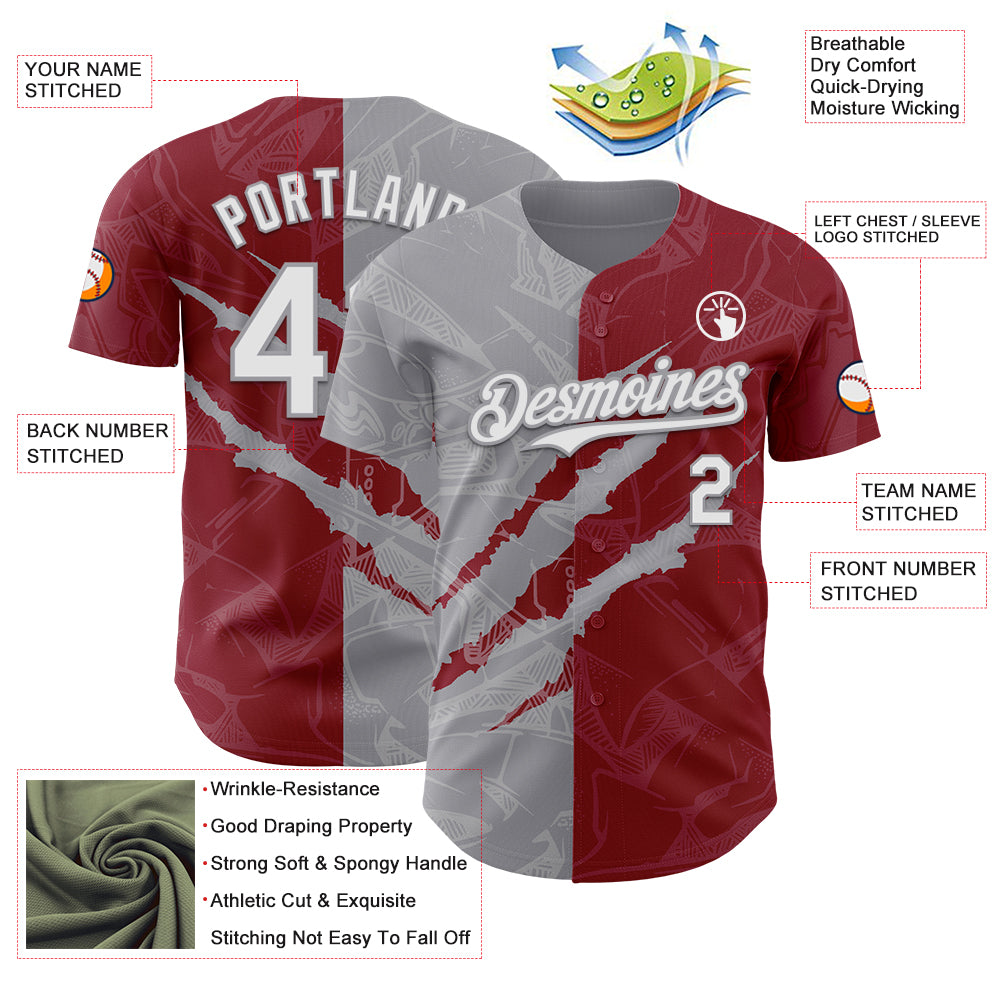 Custom Graffiti Pattern White Crimson-Gray 3D Scratch Authentic Baseball Jersey