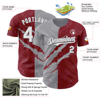 Custom Graffiti Pattern White Crimson-Gray 3D Scratch Authentic Baseball Jersey