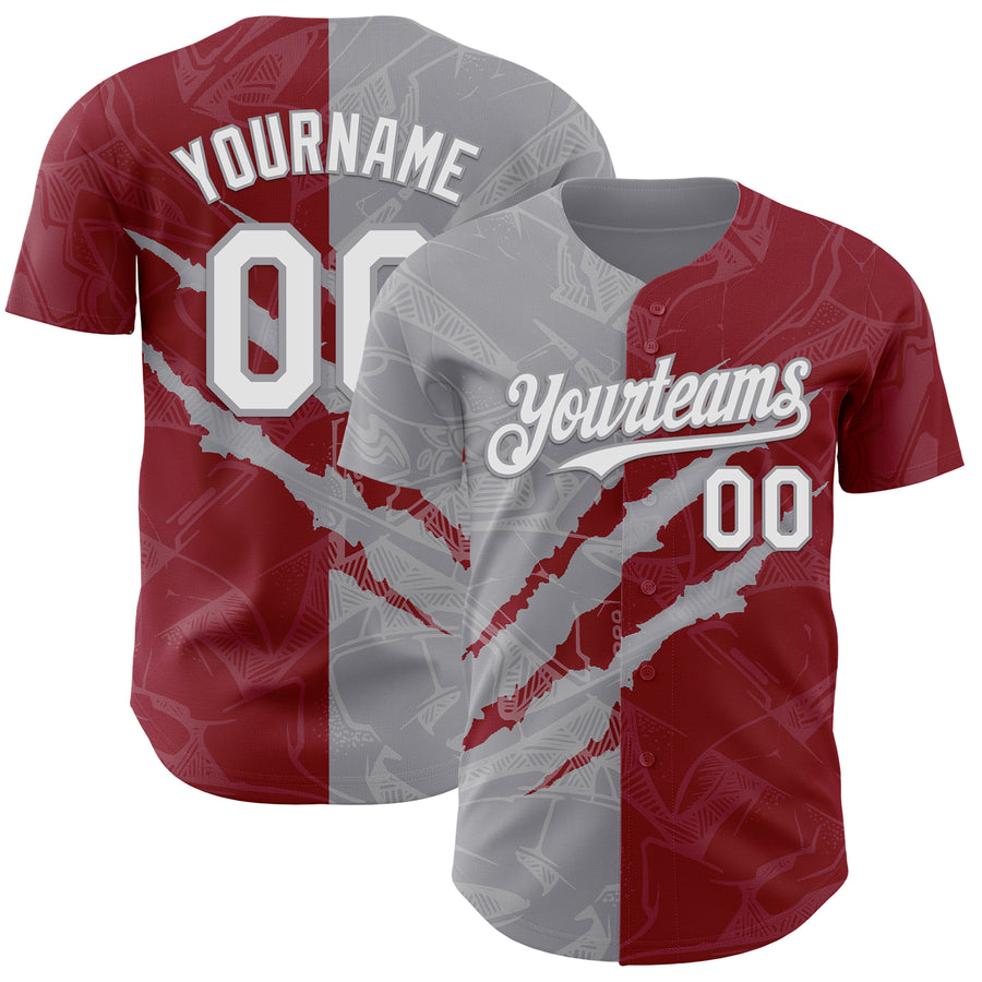 Custom Graffiti Pattern White Crimson-Gray 3D Scratch Authentic Baseball Jersey