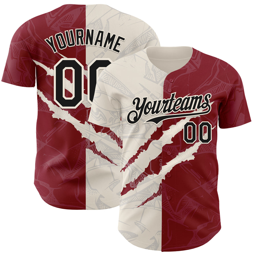 Custom Graffiti Pattern Black Crimson-Cream 3D Scratch Authentic Baseball Jersey