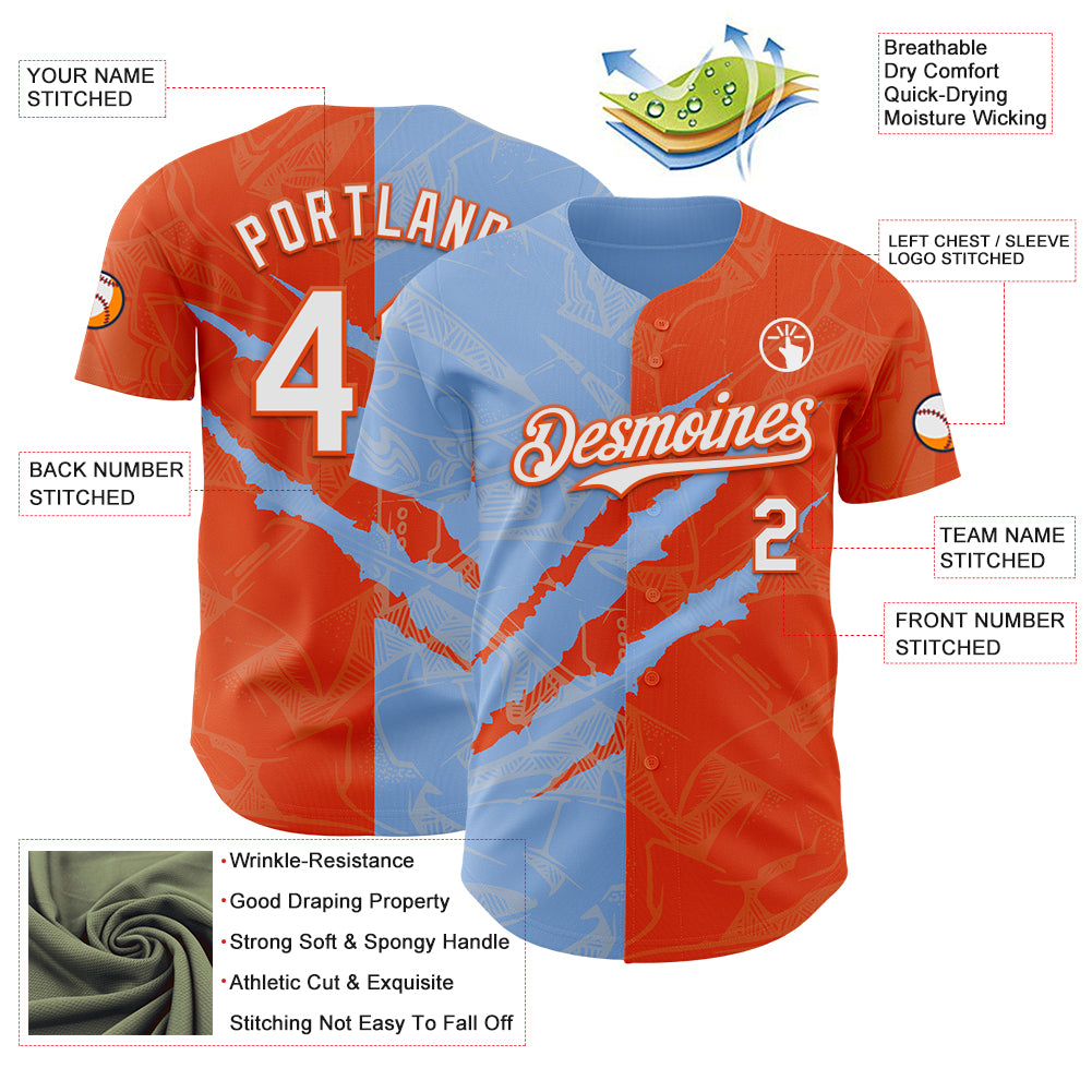 Custom Graffiti Pattern White Orange-Light Blue 3D Scratch Authentic Baseball Jersey
