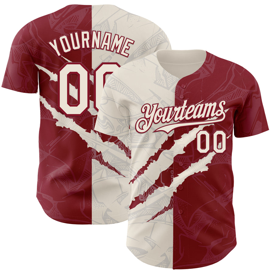 Custom Graffiti Pattern Cream-Crimson 3D Scratch Authentic Baseball Jersey
