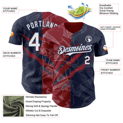 Custom Graffiti Pattern White Navy-Crimson 3D Scratch Authentic Baseball Jersey