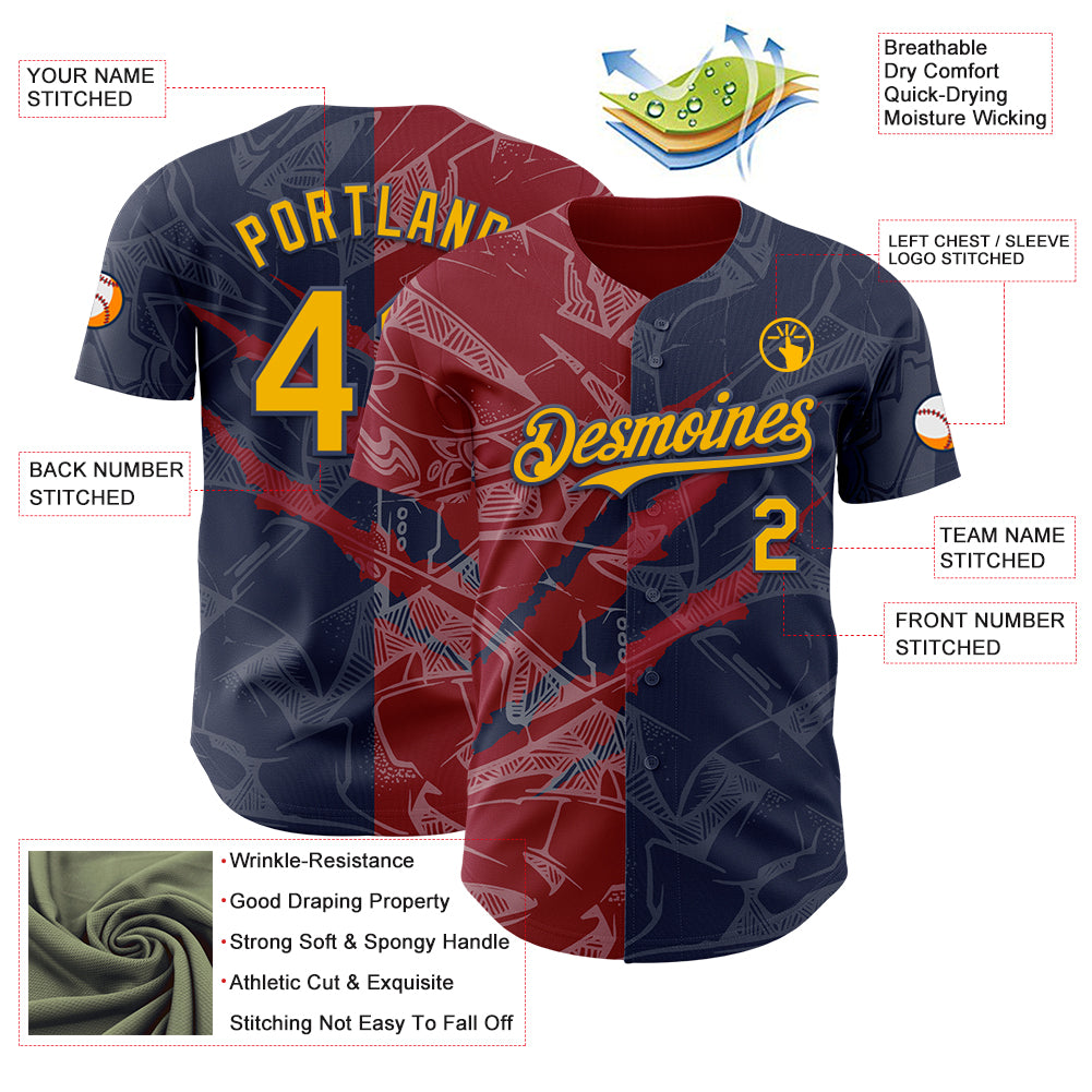 Custom Graffiti Pattern Gold Navy-Crimson 3D Scratch Authentic Baseball Jersey