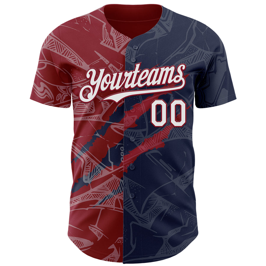 Custom Graffiti Pattern White Navy-Crimson 3D Scratch Authentic Baseball Jersey