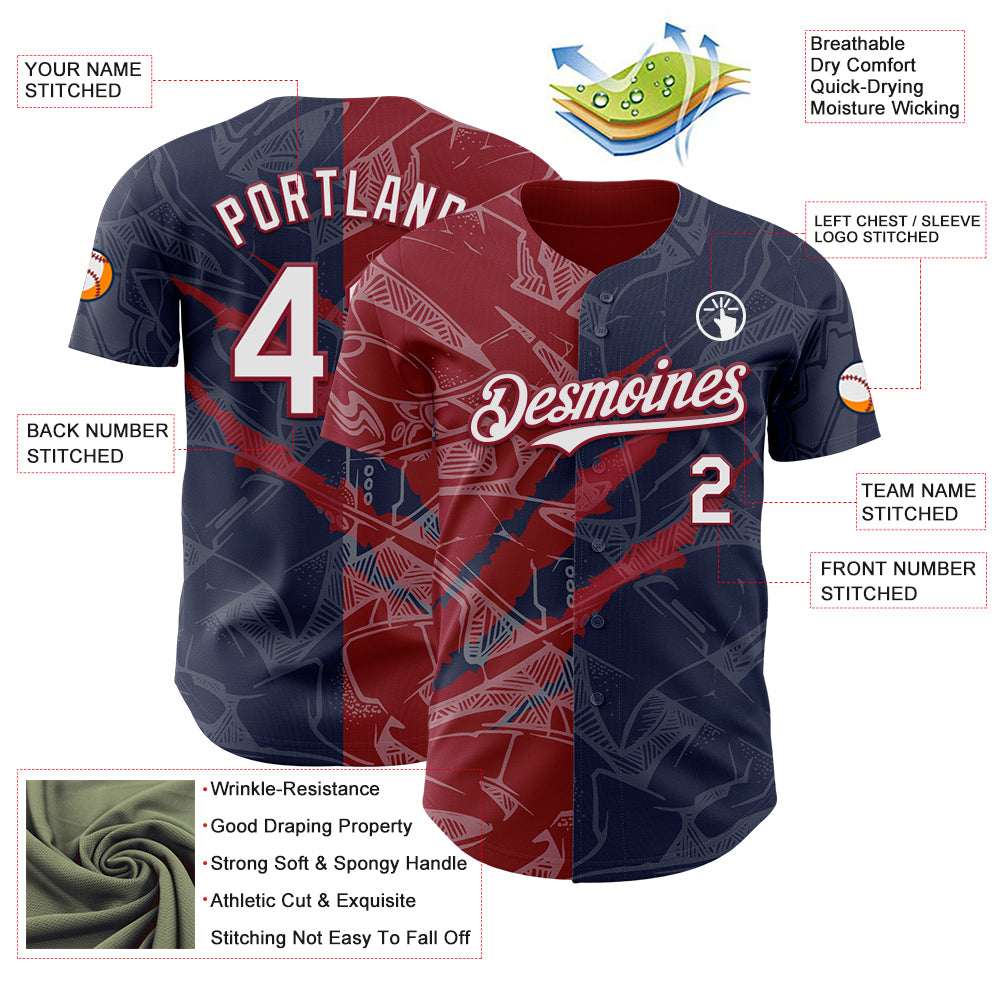 Custom Graffiti Pattern White Navy-Crimson 3D Scratch Authentic Baseball Jersey
