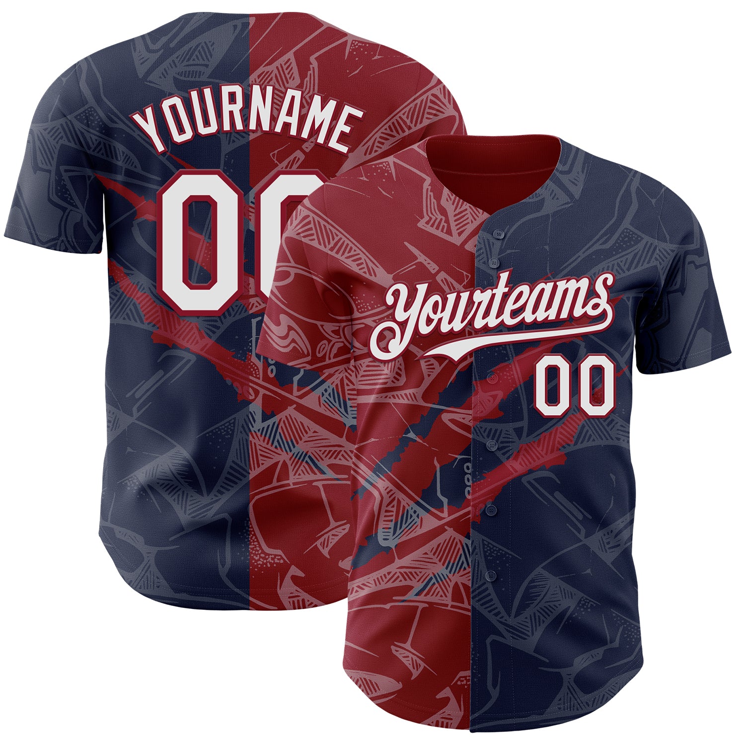 Custom Graffiti Pattern White Navy-Crimson 3D Scratch Authentic Baseball Jersey