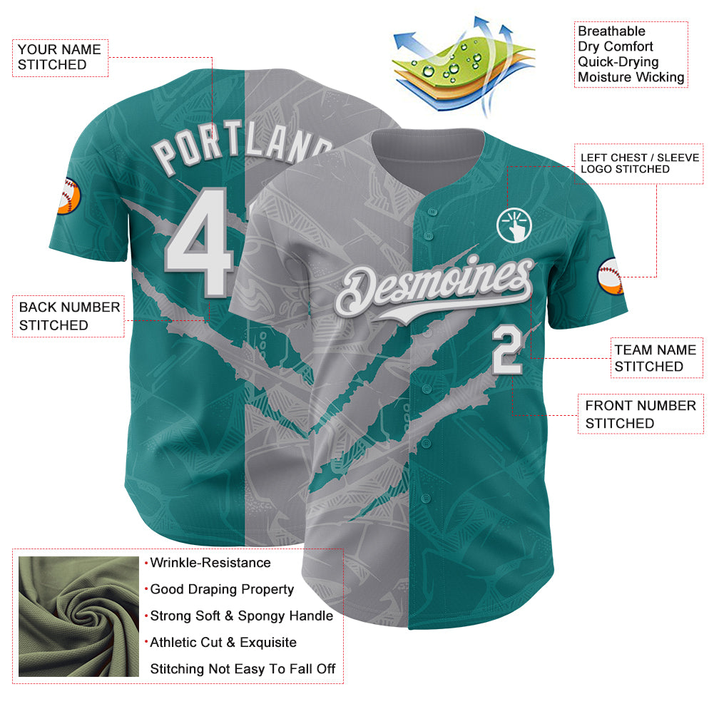 Custom Graffiti Pattern White Teal-Gray 3D Scratch Authentic Baseball Jersey