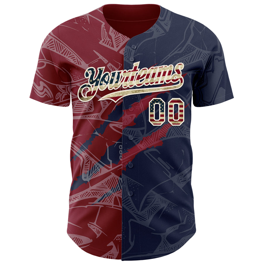 Custom Graffiti Pattern Vintage USA Flag Navy Crimson-Cream 3D Scratch Authentic Baseball Jersey
