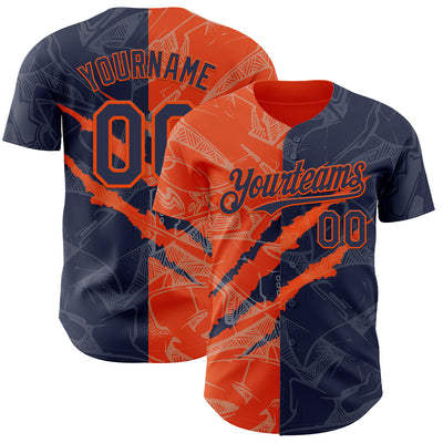 Custom Graffiti Pattern Navy-Orange 3D Scratch Authentic Baseball Jersey