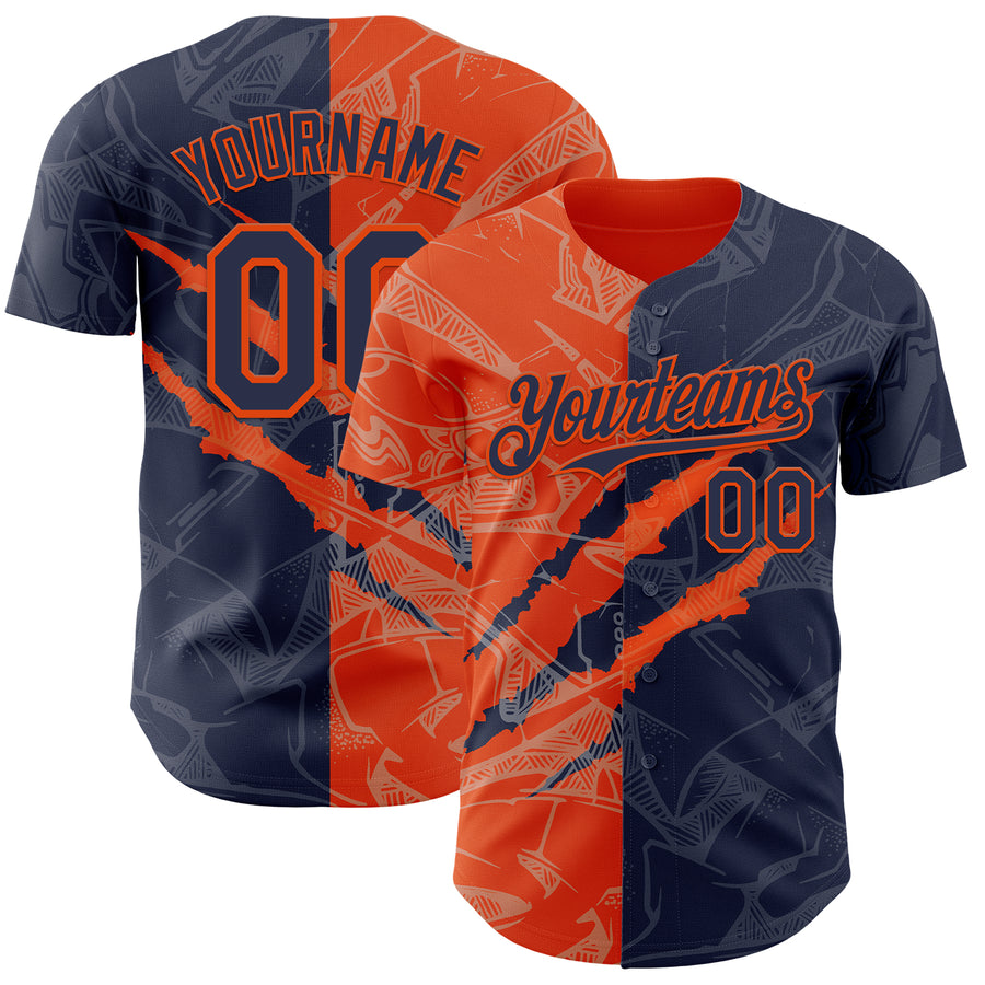 Custom Graffiti Pattern Navy-Orange 3D Scratch Authentic Baseball Jersey