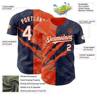 Custom Graffiti Pattern White Navy-Orange 3D Scratch Authentic Baseball Jersey