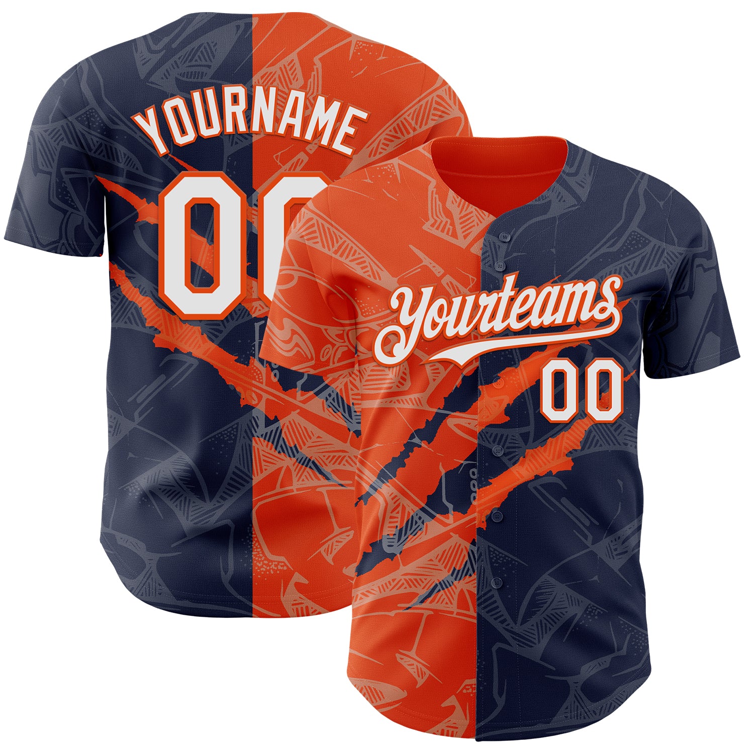 Custom Graffiti Pattern White Navy-Orange 3D Scratch Authentic Baseball Jersey