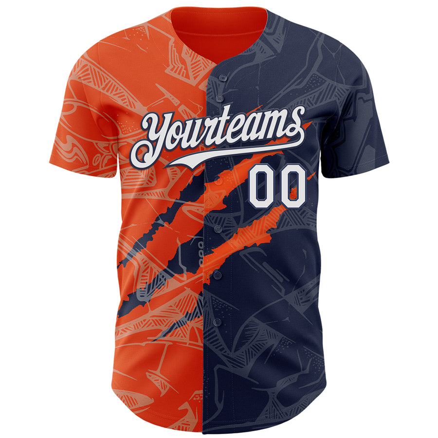 Custom Graffiti Pattern White Navy-Orange 3D Scratch Authentic Baseball Jersey