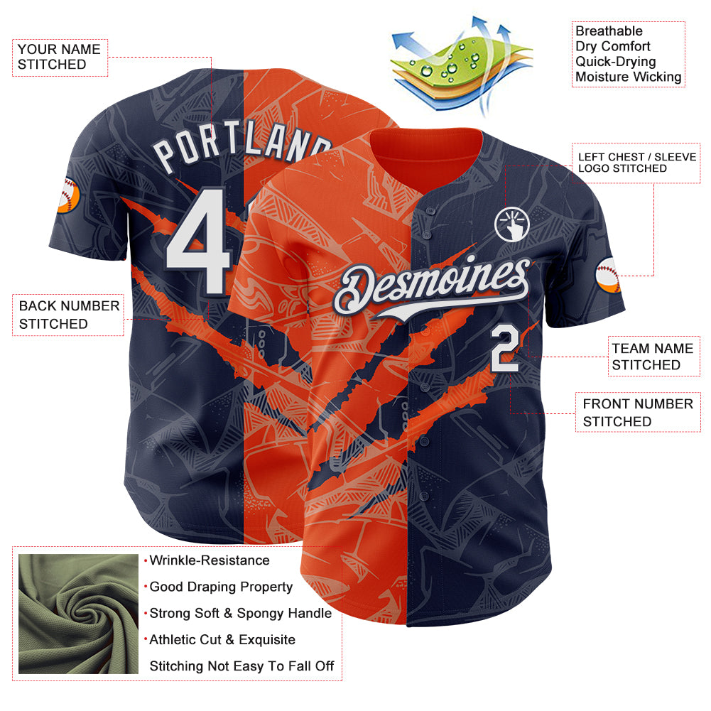 Custom Graffiti Pattern White Navy-Orange 3D Scratch Authentic Baseball Jersey