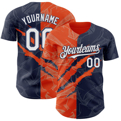 Custom Graffiti Pattern White Navy-Orange 3D Scratch Authentic Baseball Jersey