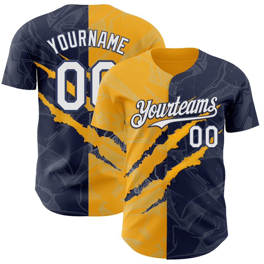 Custom Graffiti Pattern White Navy-Gold 3D Scratch Authentic Baseball Jersey