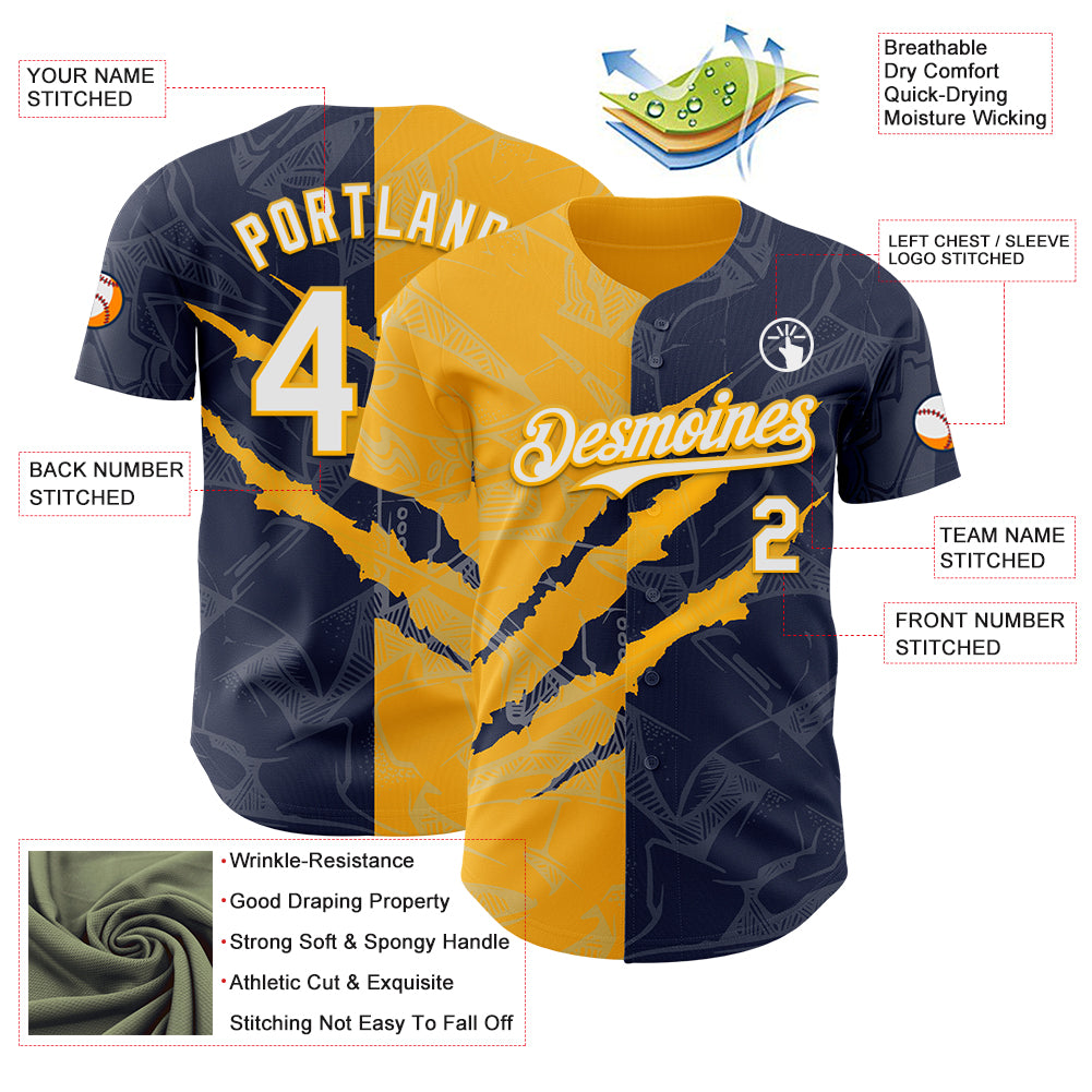 Custom Graffiti Pattern White Navy-Gold 3D Scratch Authentic Baseball Jersey
