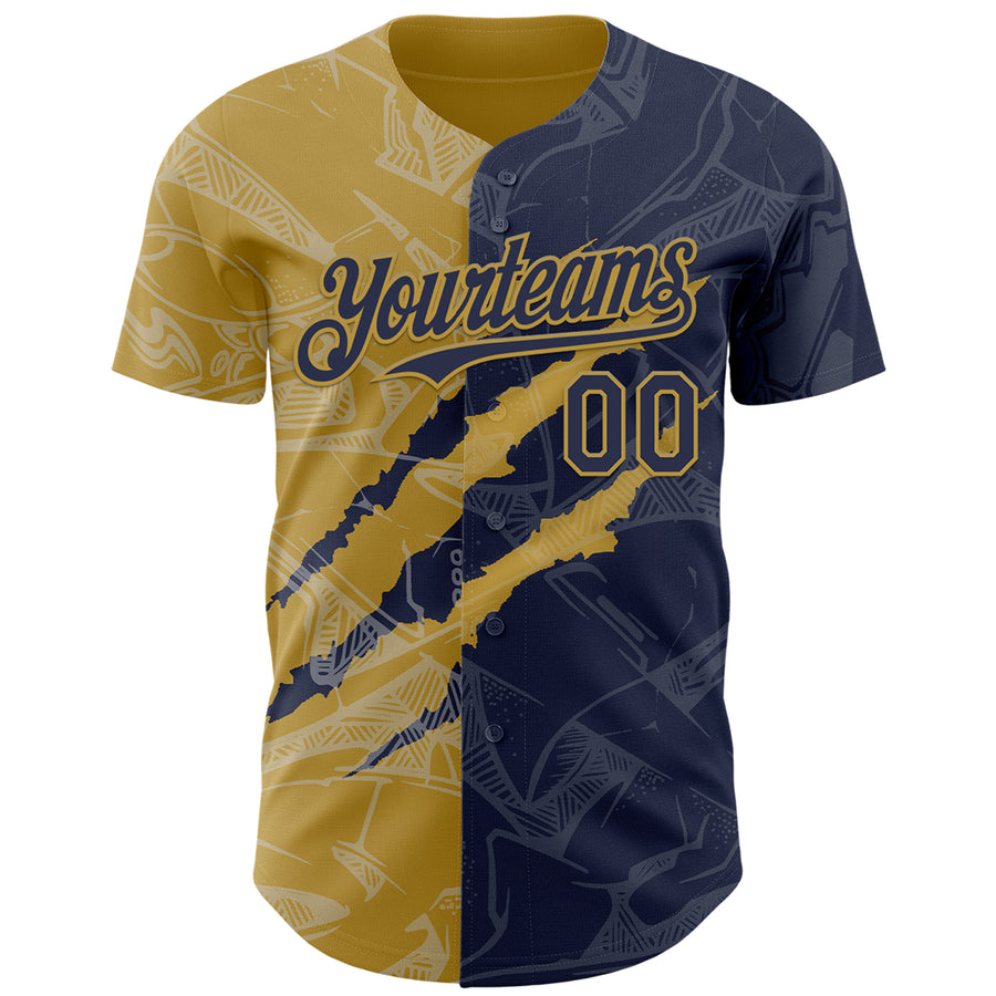 Custom Graffiti Pattern Navy-Old Gold 3D Scratch Authentic Baseball Jersey