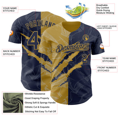 Custom Graffiti Pattern Navy-Old Gold 3D Scratch Authentic Baseball Jersey