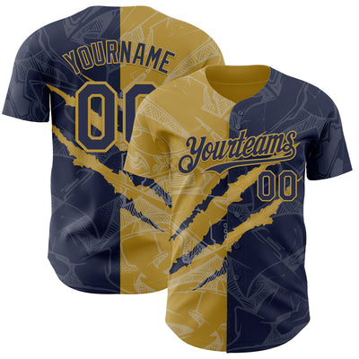 Custom Graffiti Pattern Navy-Old Gold 3D Scratch Authentic Baseball Jersey