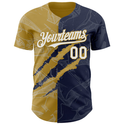 Custom Graffiti Pattern White Navy-Old Gold 3D Scratch Authentic Baseball Jersey