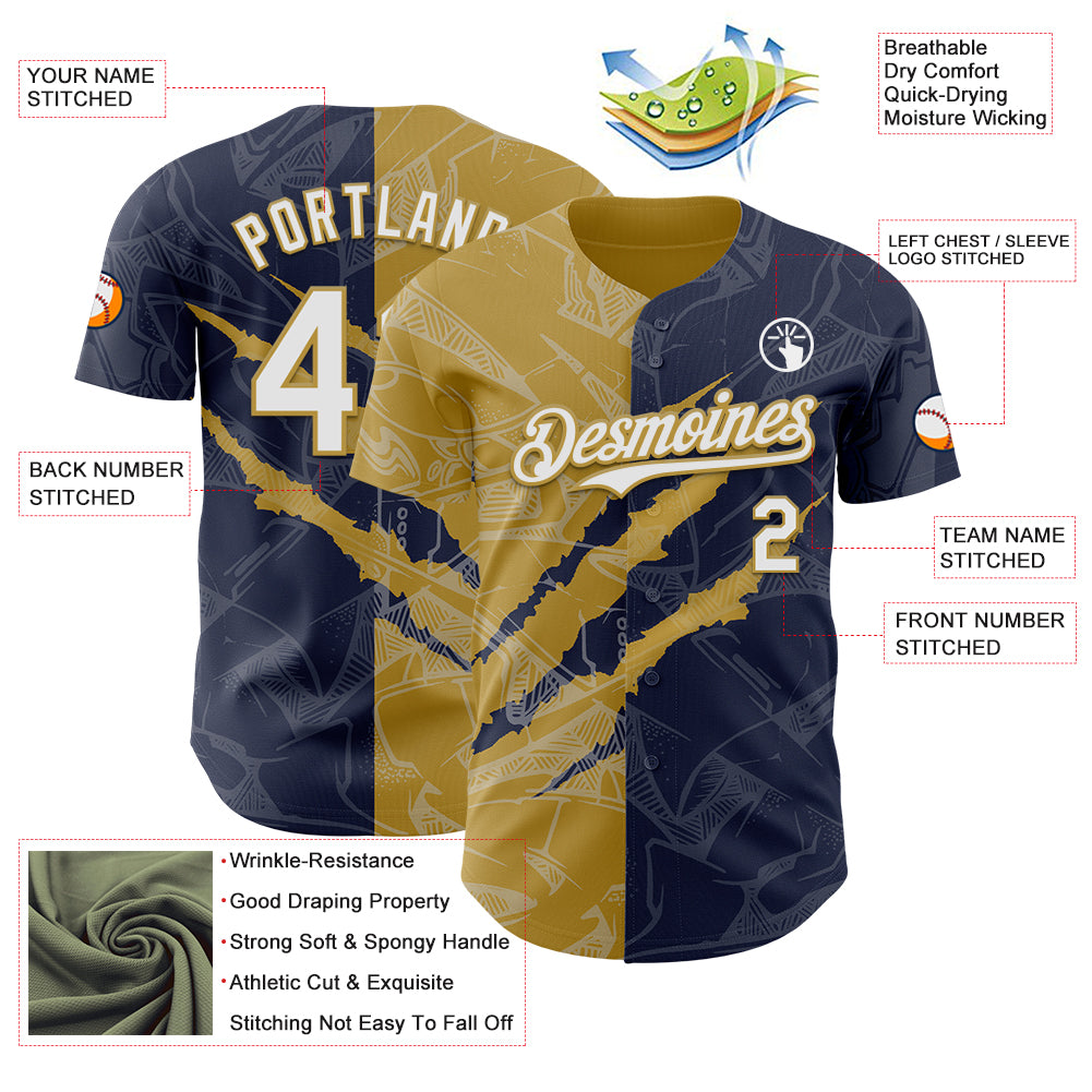Custom Graffiti Pattern White Navy-Old Gold 3D Scratch Authentic Baseball Jersey