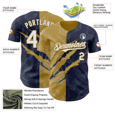 Custom Graffiti Pattern White Navy-Old Gold 3D Scratch Authentic Baseball Jersey