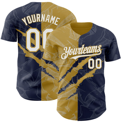 Custom Graffiti Pattern White Navy-Old Gold 3D Scratch Authentic Baseball Jersey