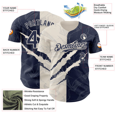 Custom Graffiti Pattern Navy-Cream 3D Scratch Authentic Baseball Jersey